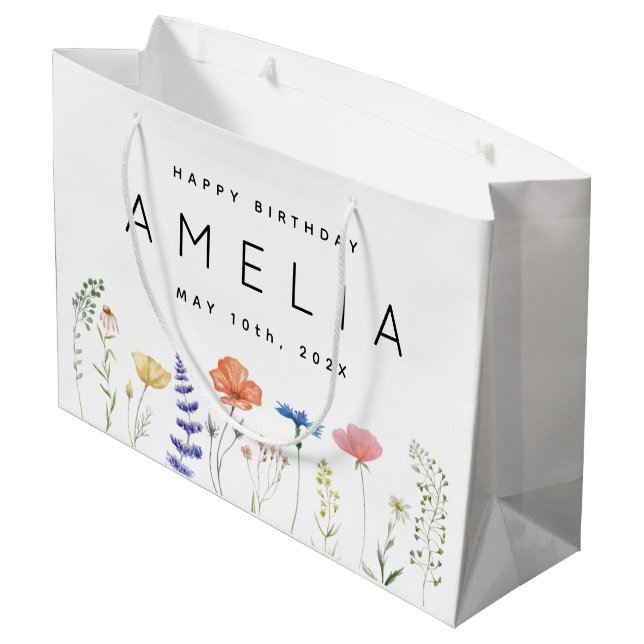 Rustic Wildflower Happy Birthday Name  Large Gift Bag (Back Angled)