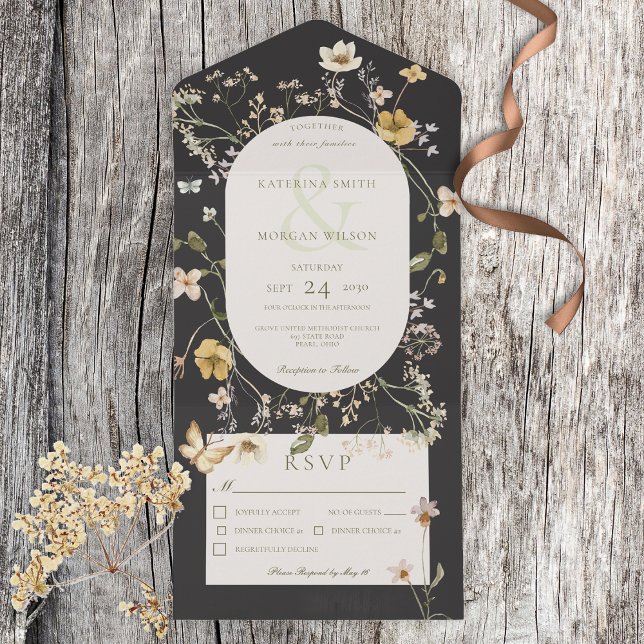 Rustic Wildflower Oval Frame Black Dinner All In One Invitation (Creator Uploaded)