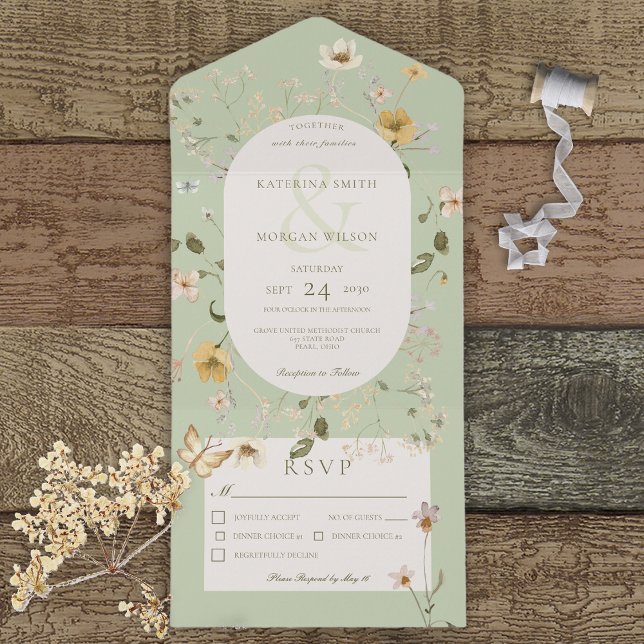 Rustic Wildflower Oval Frame Sage Green Dinner All In One Invitation (Creator Uploaded)