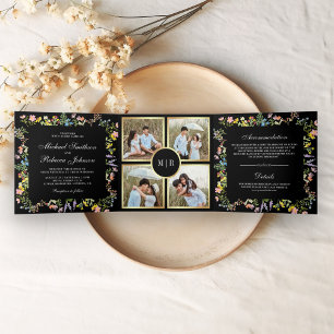 Rustic Wildflower Photo Collage Black Wedding Tri-Fold Invitation