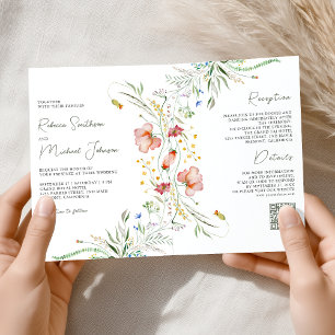 Rustic Wildflower Photo Collage QR Code Wedding Invitation