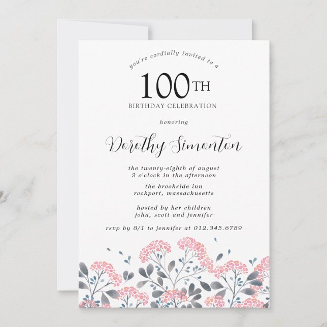 Rustic Wildflower Pink Floral 100th Birthday Party Invitation (Front)