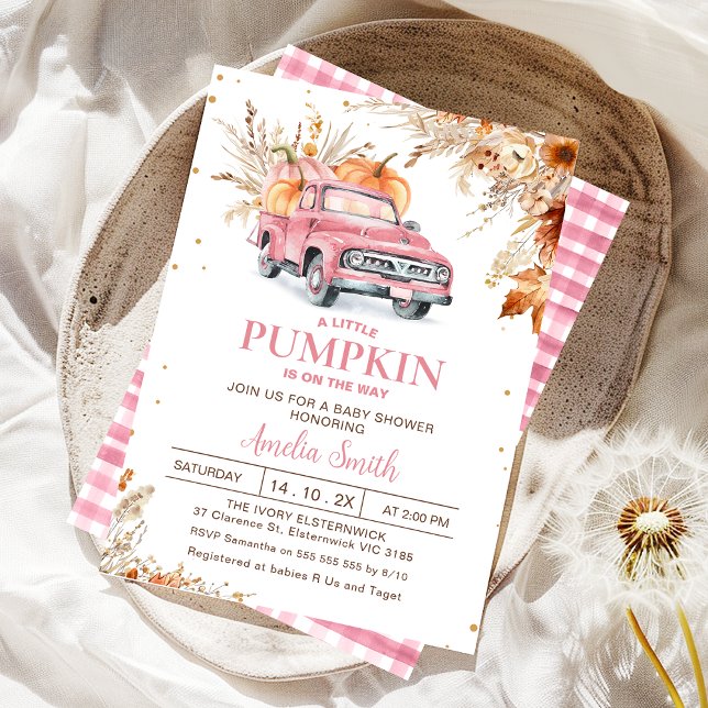 Rustic Wildflower Pink Pumpkin Truck Baby Shower  Invitation (Editable Girls Pumpkin Truck Baby Shower Invitation Fall Harvest Pink Truck Autumn Baby Shower Girl)