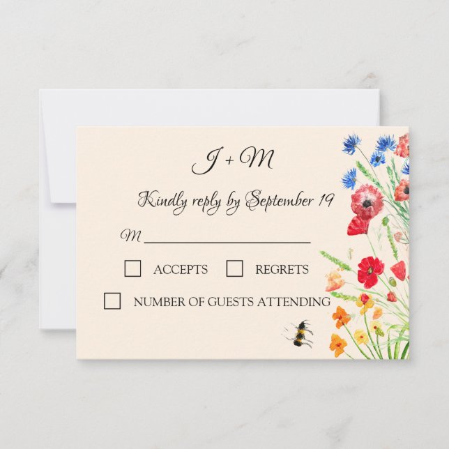 Rustic Wildflower Poppies Cornflowers Wedding RSVP Card (Front)