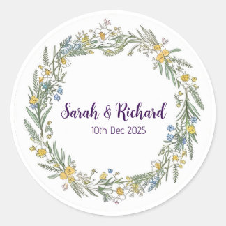 Rustic Wildflower Spring Wedding, Romantic Garden Classic Round Sticker