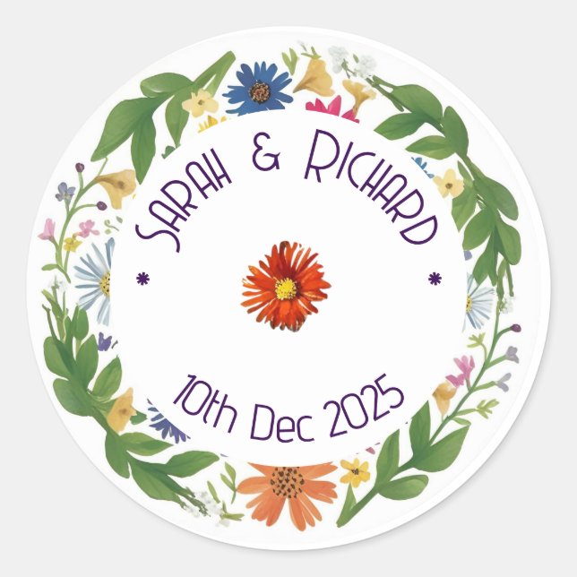 Rustic Wildflower Spring Wedding, Romantic Garden  Classic Round Sticker (Front)