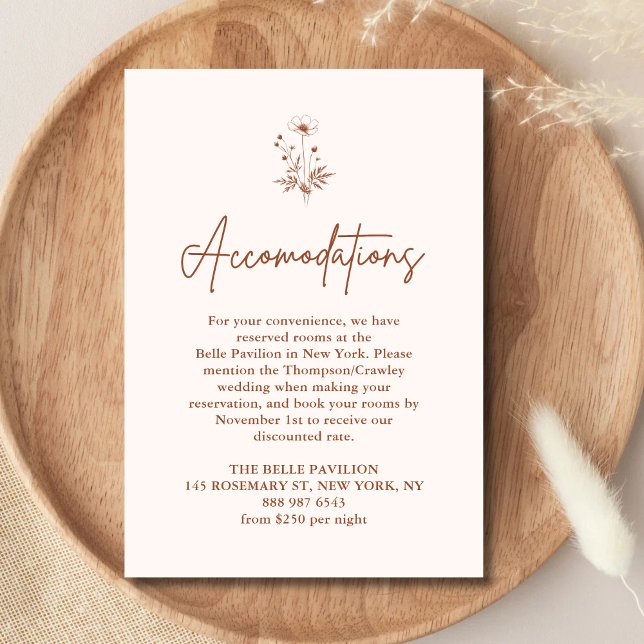 Rustic Wildflower Terracotta Wedding Accomodations Enclosure Card (Rustic terracotta accommodations card adds boho charm and clearly guides guests on where to stay.)