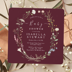 Rustic Wildflower Theme Burgundy Baby Shower Invitation