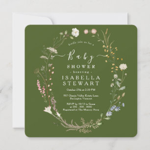 Rustic Wildflower Theme Moss Green Baby Shower Invitation