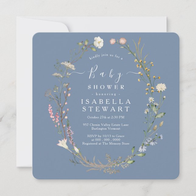 Rustic Wildflower Theme Periwinkle Baby Shower Invitation (Front)