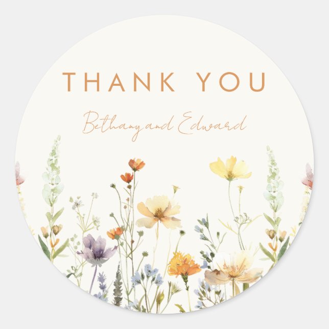 Rustic Wildflower Wedding Favour Thank You Classic Round Sticker (Front)
