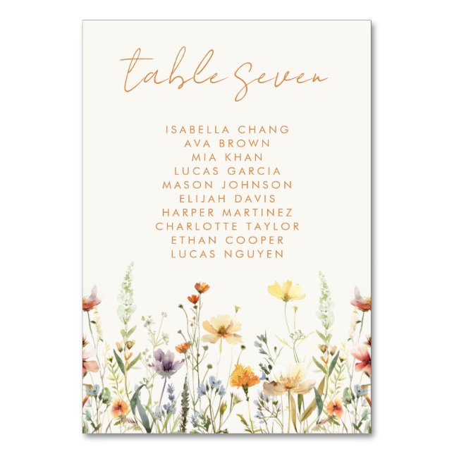 Rustic Wildflower Wedding Table Number (Front)