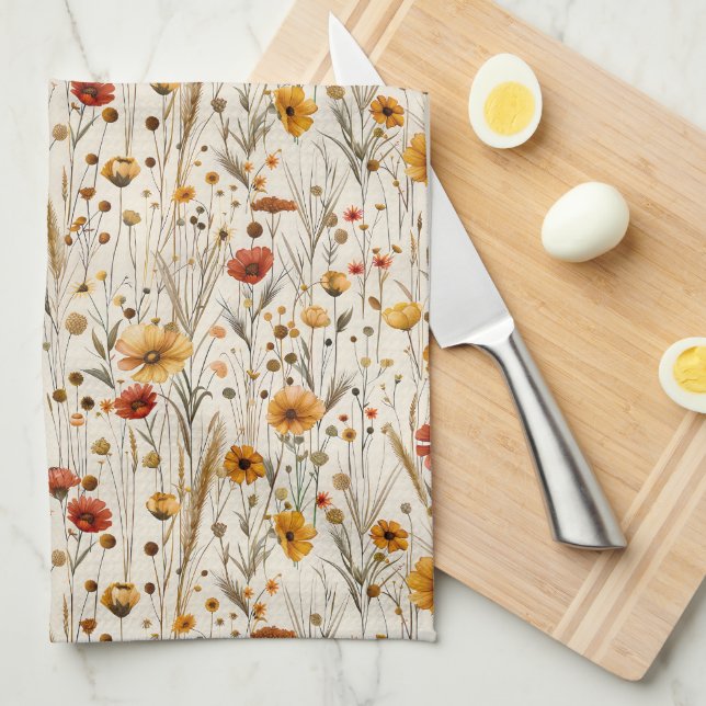 Rustic Wildflowers - Boho Fall Floral Pattern Kitchen Towel (Quarter Fold)