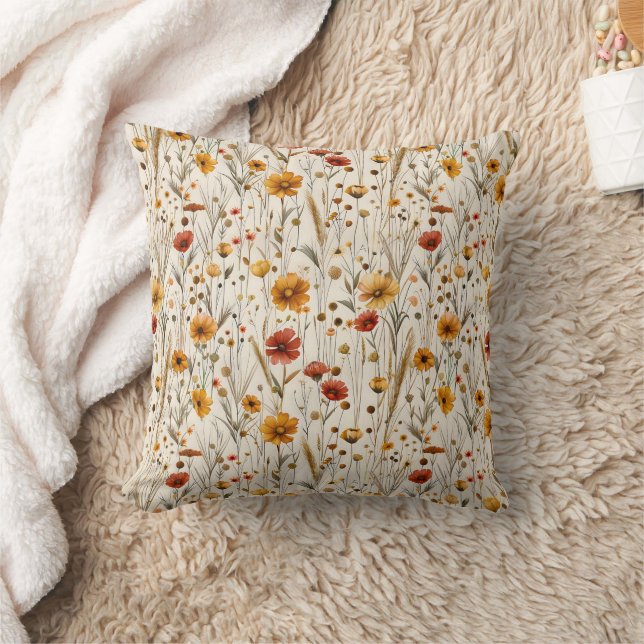 Rustic Wildflowers - Boho Fall Floral Pattern Throw Pillow (Blanket)
