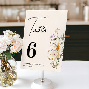 Rustic Wildflowers Cream Script Boho Wedding Table Number