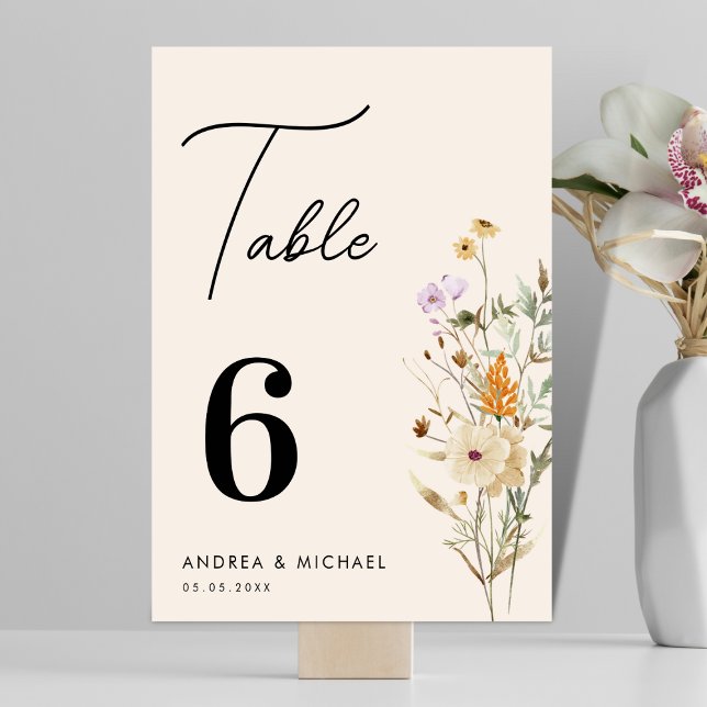 Rustic Wildflowers Cream Script Boho Wedding Table Number (Creator Uploaded)