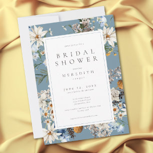 Rustic Wildflowers & Daisies Blue Bridal Shower Invitation