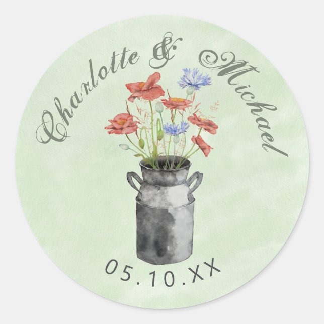 Rustic wildflowers in milk bucket wedding classic  classic round sticker (Front)