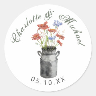 Rustic wildflowers in milk bucket wedding classic round sticker