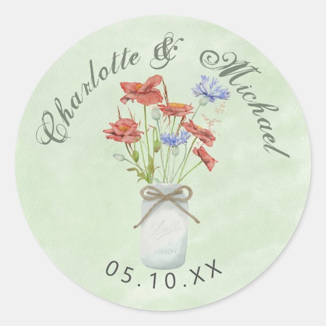 Rustic wildflowers in white ball jar wedding classic round sticker (Front)