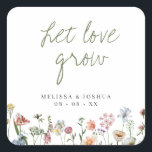 Rustic Wildflowers Let Love Grow Wedding Seeds Square Sticker<br><div class="desc">Pretty favour stickers for your seeds packet favours,  featuring the editable headline "let love grow" in sage green handwritten style font,  and a border of watercolor wildflowers in pink,  blue,  lilac,  yellow and white.</div>