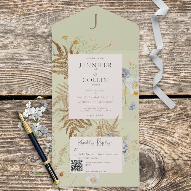 Rustic Wildflowers Lt Green Monogram QR Code  All In One Invitation (Creator Uploaded)