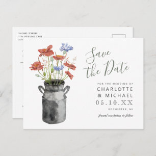 rustic wildflowers milkbucket save the date postca postcard