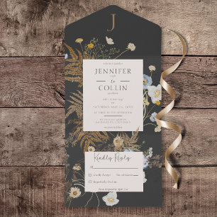 Rustic Wildflowers Monogram Black No Dinner All In One Invitation