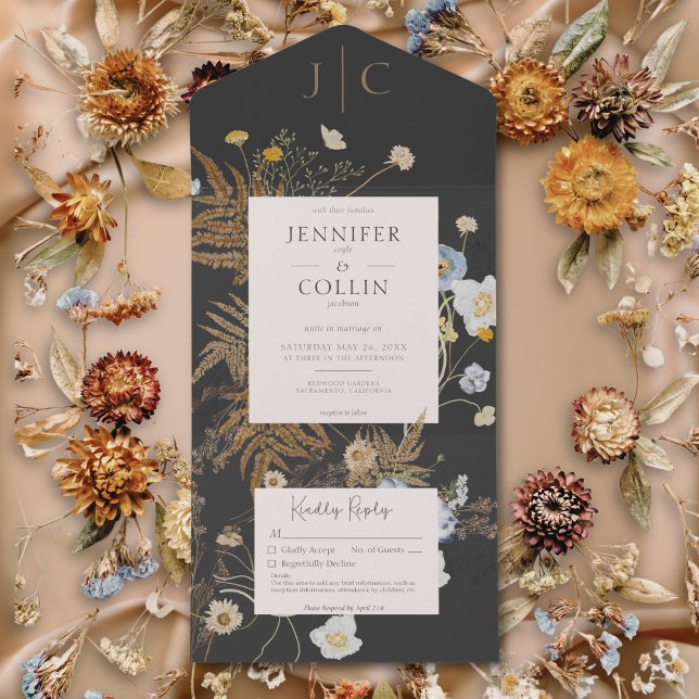 Rustic Wildflowers Monogram Black No Dinner All In One Invitation (Rustic Wildflowers Monogram Black No Dinner All In One Invitation)