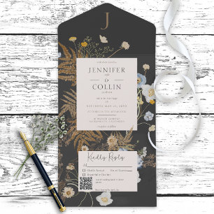 Rustic Wildflowers Monogram Black QR Code All In One Invitation