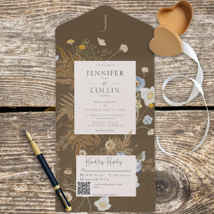 Rustic Wildflowers Monogram Brown QR Code All In One Invitation