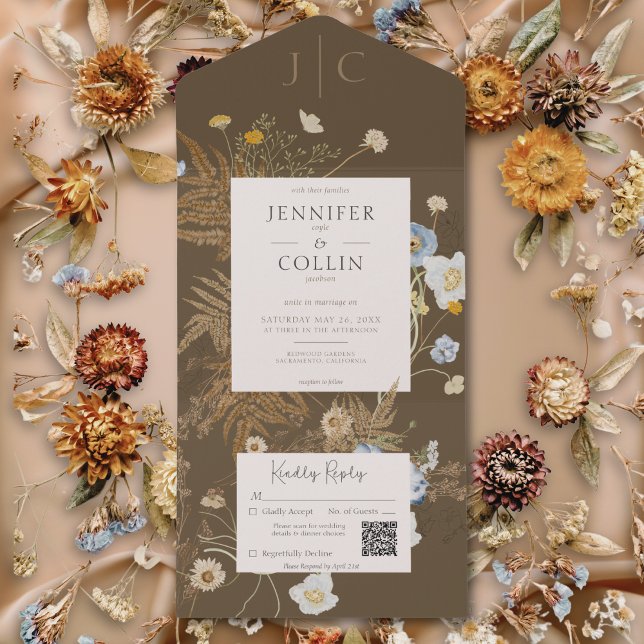Rustic Wildflowers Monogram Brown QR Code All In One Invitation (Rustic Wildflowers Monogram Brown QR Code All In One Invitation)