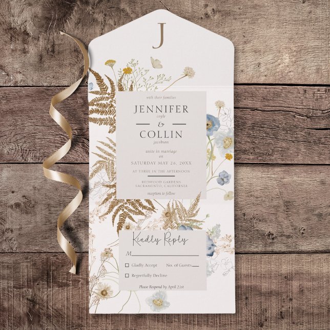 Rustic Wildflowers Monogram Cream No Dinner All In One Invitation (Rustic Wildflowers Monogram Cream All in One Wedding Invitation without Dinner Options)