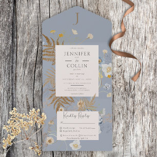 Rustic Wildflowers Monogram Dusty Blue Dinner All In One Invitation