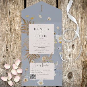 Rustic Wildflowers Monogram Dusty Blue QR Code All In One Invitation