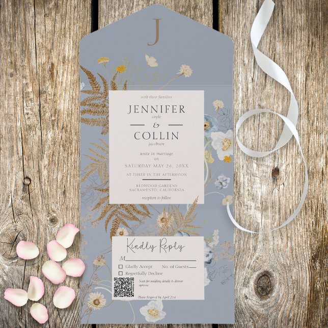 Rustic Wildflowers Monogram Dusty Blue QR Code All In One Invitation (Creator Uploaded)