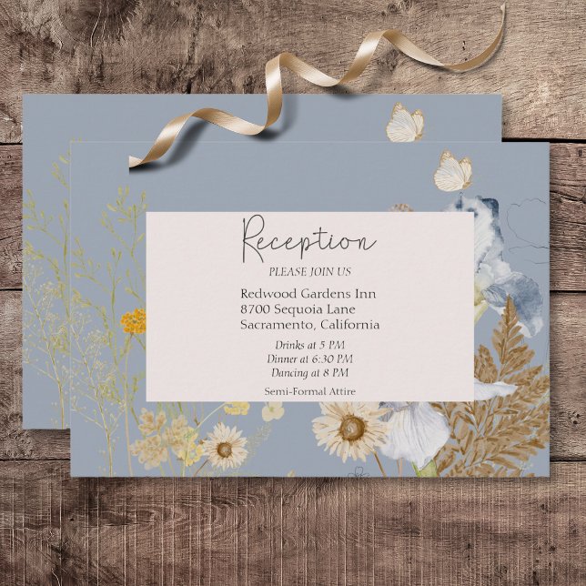 Rustic Wildflowers Monogram Dusty Blue Reception Enclosure Card (Rustic Wildflowers Monogram Dusty Blue Wedding Reception Card)