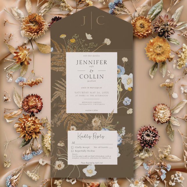 Rustic Wildflowers Monogram Light Brown No Dinner All In One Invitation (Rustic Wildflowers Monogram Light Brown No Dinner All In One Invitation)