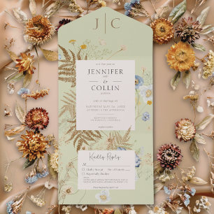 Rustic Wildflowers Monogram Light Green No Dinner All In One Invitation