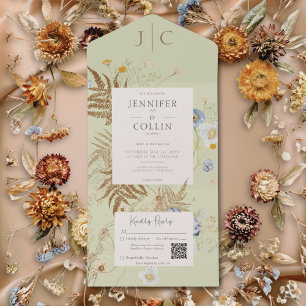 Rustic Wildflowers Monogram Light Green QR Code All In One Invitation