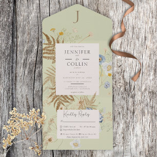 Rustic Wildflowers Monogram Lt Green Dinner All In One Invitation