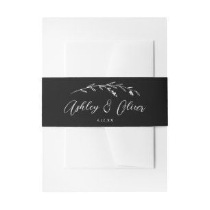 Rustic Wildflowers Script Black & White Wedding Invitation Belly Band