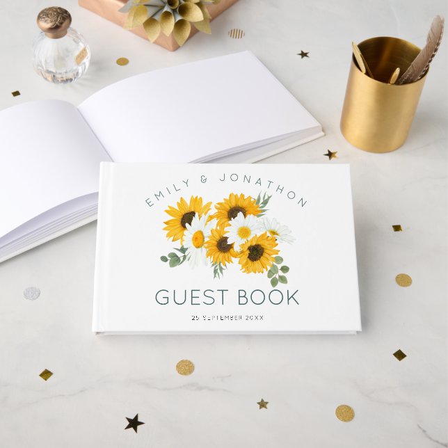 Rustic Wildflowers Sunflowers Wedding Guest Book (Front Open)