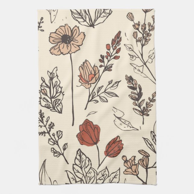 Rustic Wildflowers Vintage Botanical Sketch Kitchen Towel (Vertical)