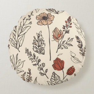 Rustic Wildflowers Vintage Botanical Sketch Round Pillow