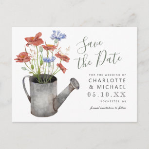 rustic wildflowers water can save the date postcard