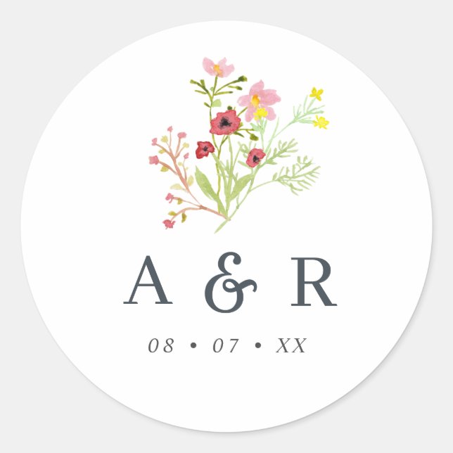 Rustic Wildflowers Wedding Monogram Classic Round  Sticker (Front)