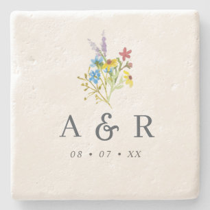Rustic Wildflowers Wedding Monogram Stone Coaster