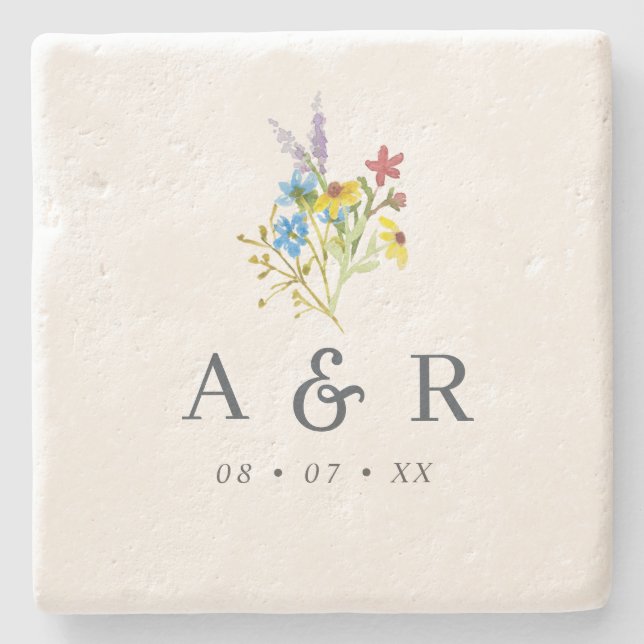Rustic Wildflowers Wedding Monogram Stone Coaster (Front)