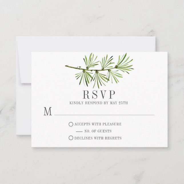 Rustic Wildwoods Pine Branch Minimalist RSVP Card (Front)